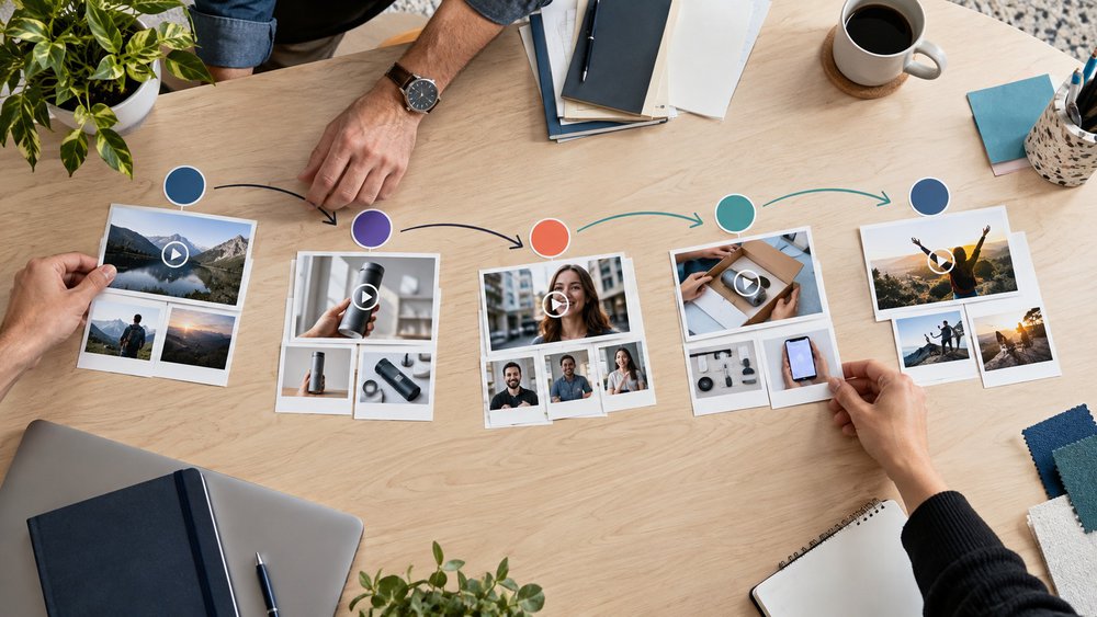 Marketing team mapping video content across stages of the customer journey