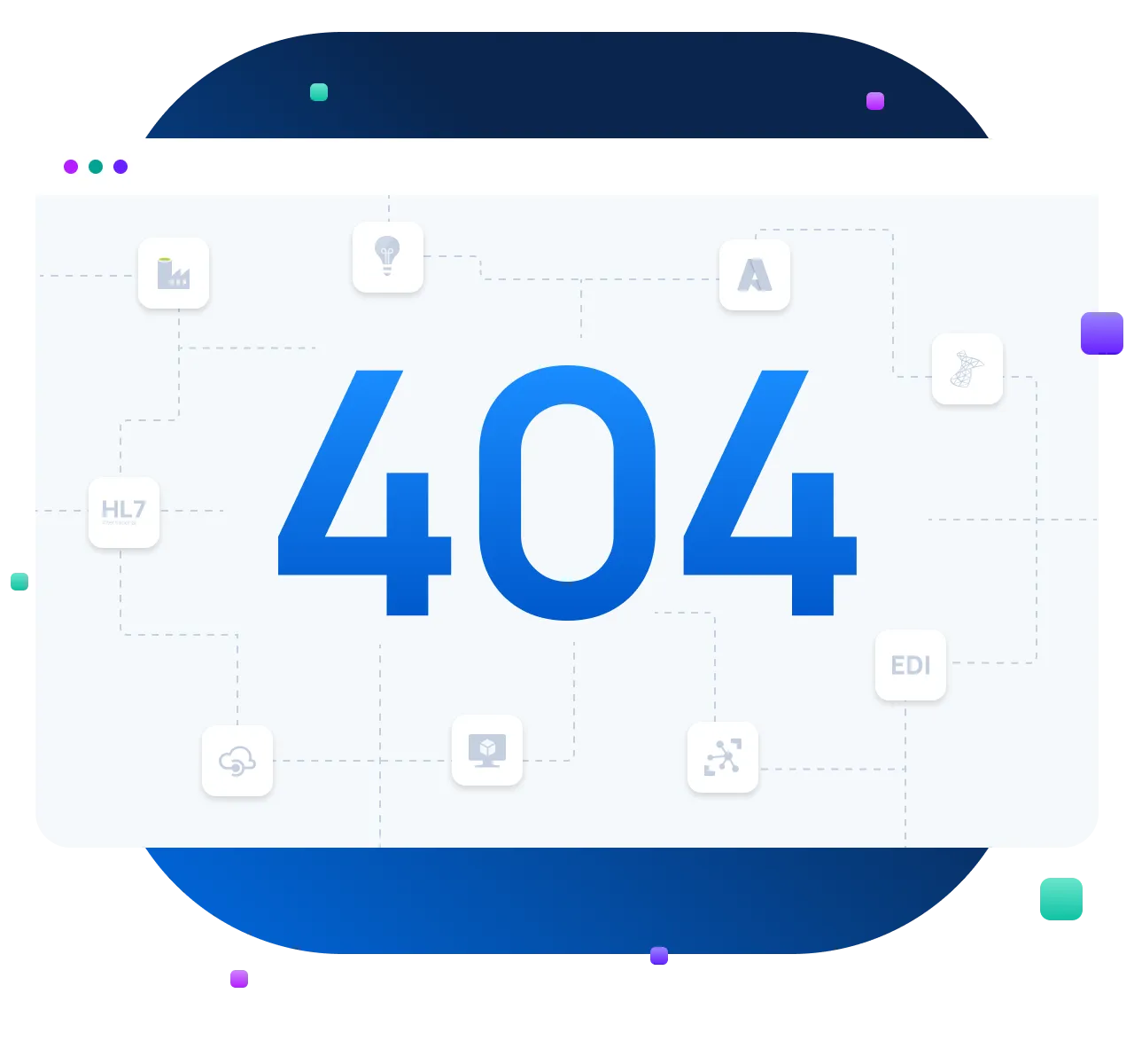 Browser illustration displays a 404 status