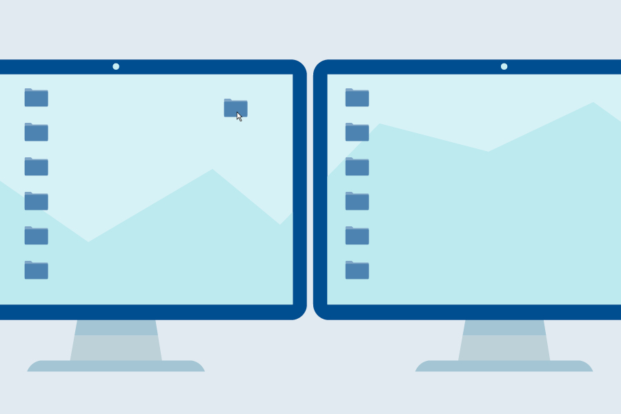  Illustration of two computer monitors positioned side by side showcasing a dual monitor setup, with folder icons on the screens.