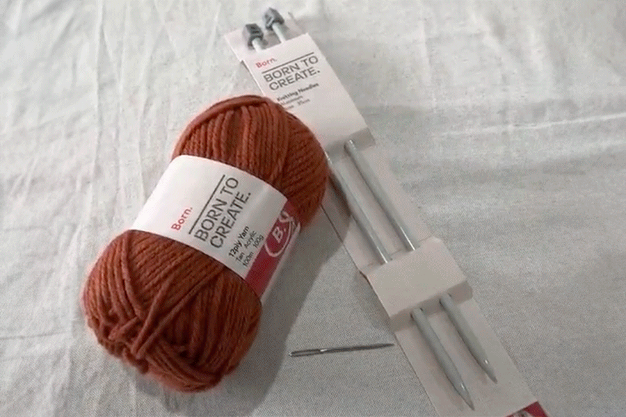 A series of images demonstrating how to knit a beanie. They show an overhead view of two hands using grey knitting needles and 12-ply tan yarn. 