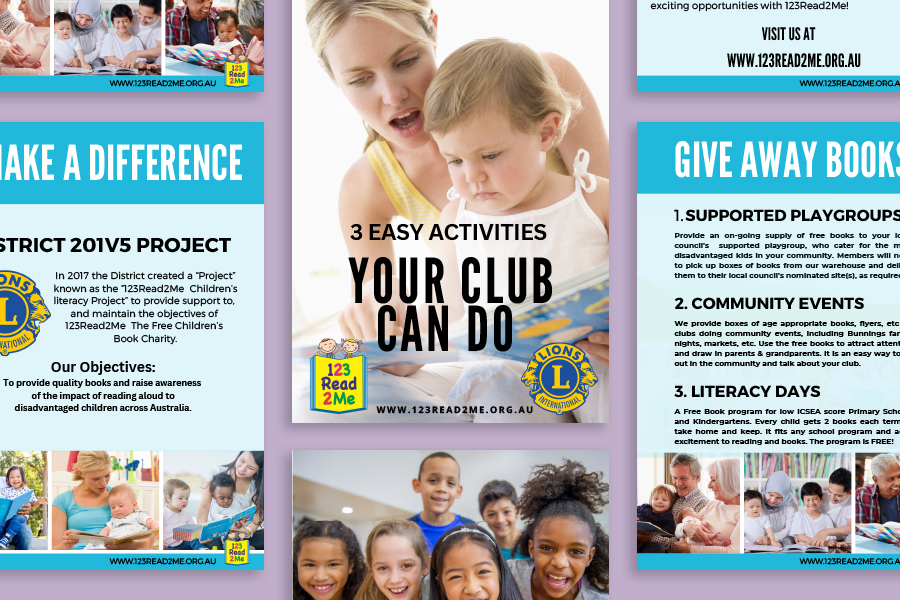 A front view of children’s literacy resources made with Canva templates, shown on a lavender background. 