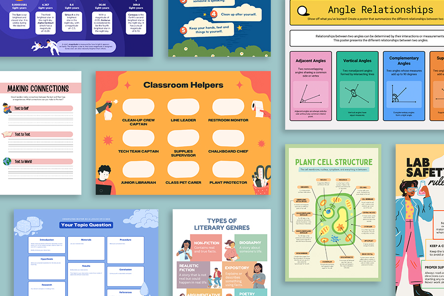 A front view of a range of teacher resources made from Canva templates, displayed on a teal background. 