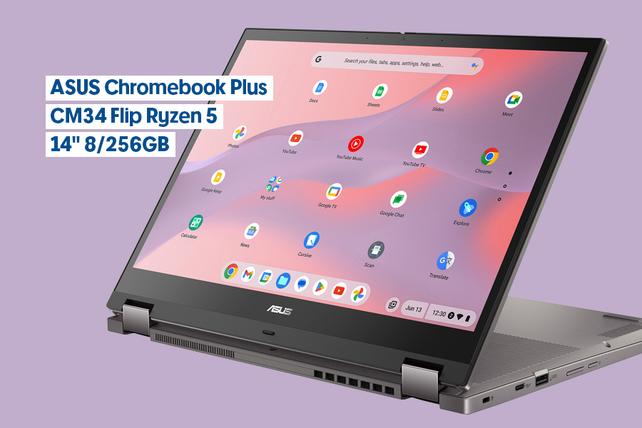 A product shot of the ASUS Chromebook Plus CM34 Flip on a purple background.