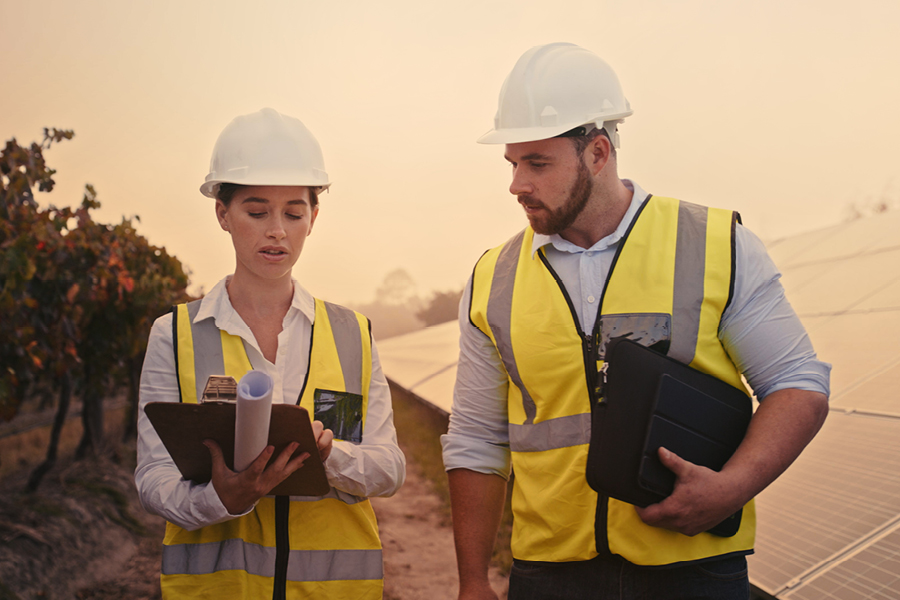 Two people wearing white hard hats and yellow hi-vis vests standing together and talking in a field with fruit trees and solar panels behind them.