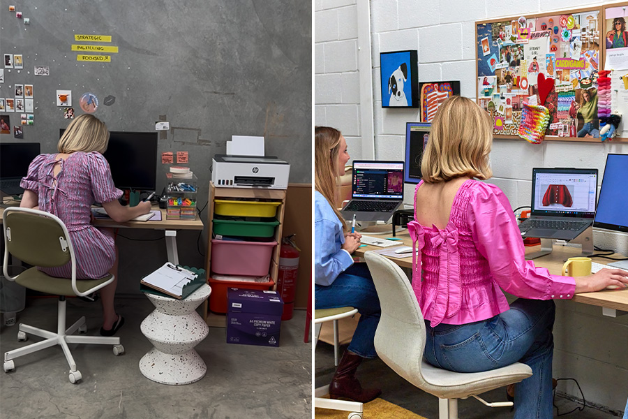 Two images side by side: Left shows Cat working at a cluttered desk in a plain office with grey walls. Right shows Morgan and Cat working together on ergonomically setup laptops in an office with white walls and colourful decor.