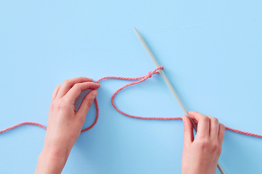 A series of images demonstrating how to cast on. They show an overhead view of two hands using a grey metal knitting needle and pink yarn.
