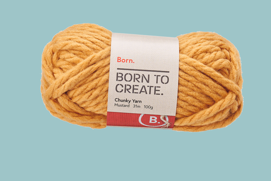 An assortment of products for knitting, shown on various brightly coloured backgrounds. Products include various types of yarn and needles.