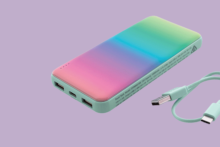 An assortment of electronics that families can use on road trips, shown on various brightly coloured backgrounds. Products include things like headphones, speakers and powerbanks.