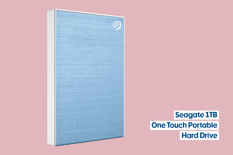Seagate 1TB One Touch Portable Hard Drive in a light blue, displayed on a pink background.
