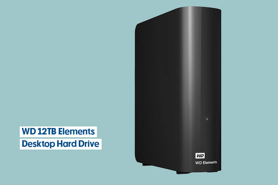 WD 12TB Elements Desktop Hard Drive with a glossy black vertical tower design displayed against a teal background.