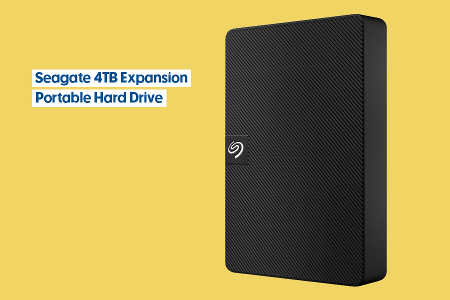 Seagate 4TB Expansion Portable Hard Drive with textured black design displayed against a yellow background.