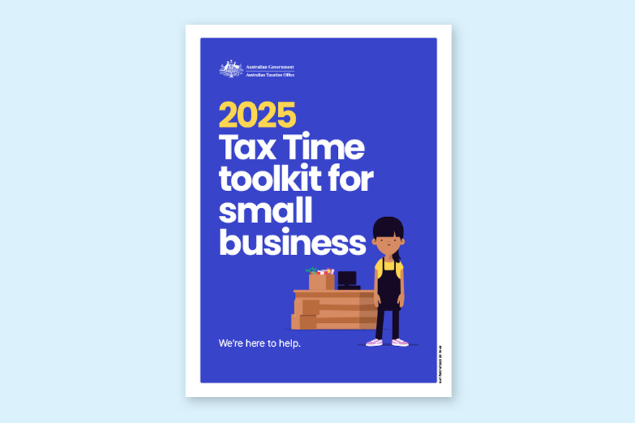 Image of the Australian Tax Office’s 2025 tax time toolkit for small businesses on a pale blue background.