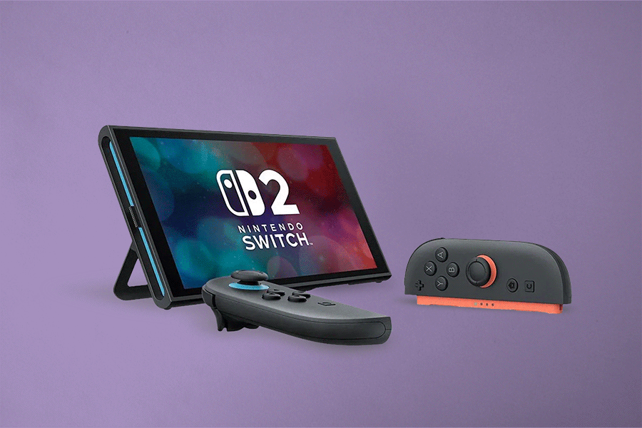  A series of tech gifts for Dad, shown on a purple background. Products include a Nintendo Switch 2 with Joy-Con controllers separate and navy-blue Sony headphones.