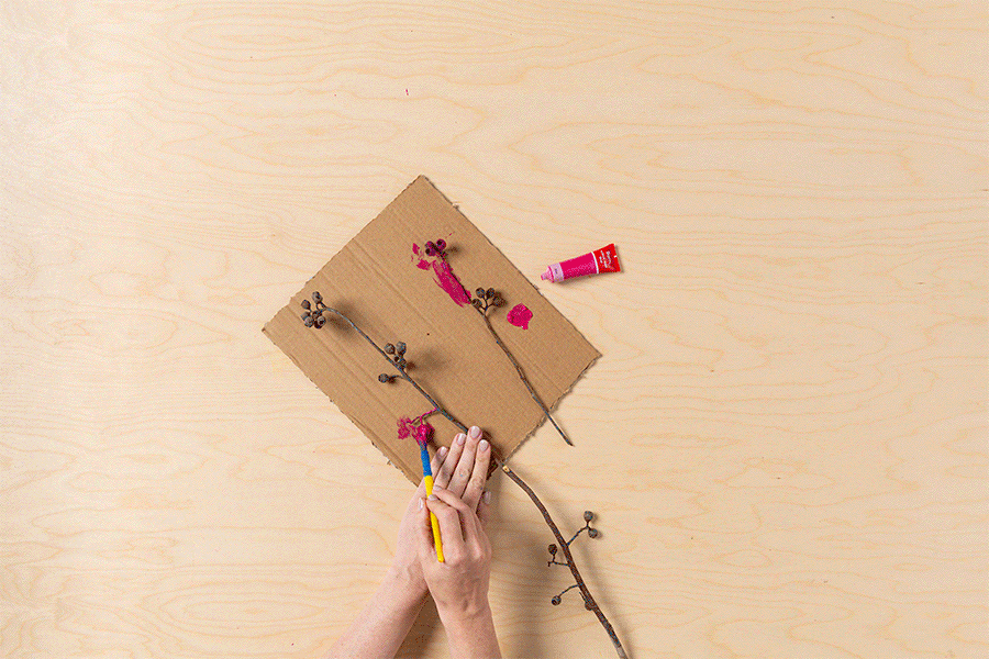 A series of images showing the process of painting dry leaves and sticks using a variety of colours of acrylic paint.