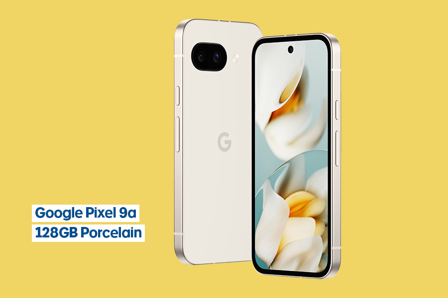 A Google Pixel 9a smartphone on a yellow background.