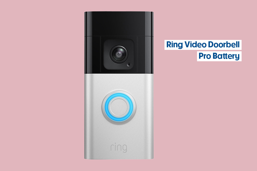  A Ring video doorbell on a pink background.