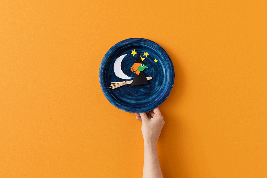 A series of images showing how to make a flying witch plate for a Halloween craft project for kids.