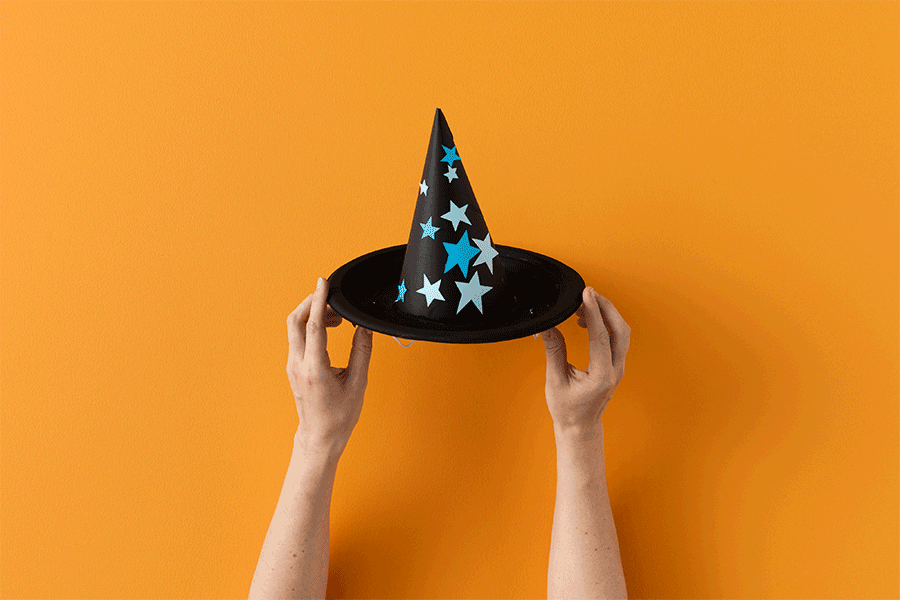 A series of images showing how to make a starry witches hat for a Halloween craft project for kids.