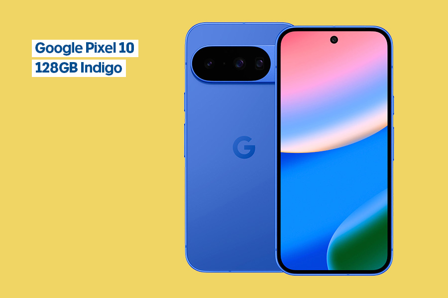 A front and back view of a Google Pixel 10 128GB Indigo, shown on a yellow background.