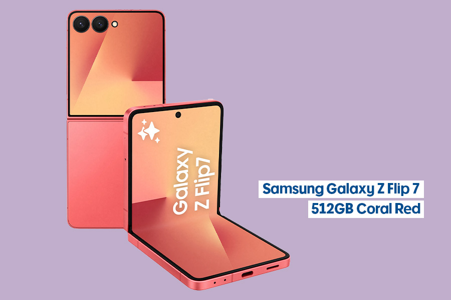 A front and back view of the Samsung Galaxy Z Flip7 512GB Coral Red smartphone, shown on a light purple background.
