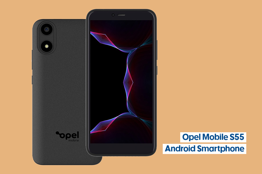 A front and back view of the Opel Mobile S55 Android Smartphone Black smartphone, shown on an orange background.