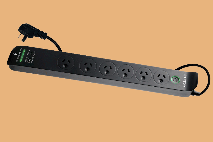 An assortment of power boards to help with creating a better gaming setup, shown on various brightly coloured backgrounds.