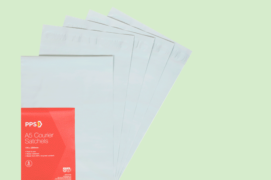 An assortment of recyclable packaging supplies, shown on various brightly coloured backgrounds, including paper tape, tissue paper, paper filler and courier bags.