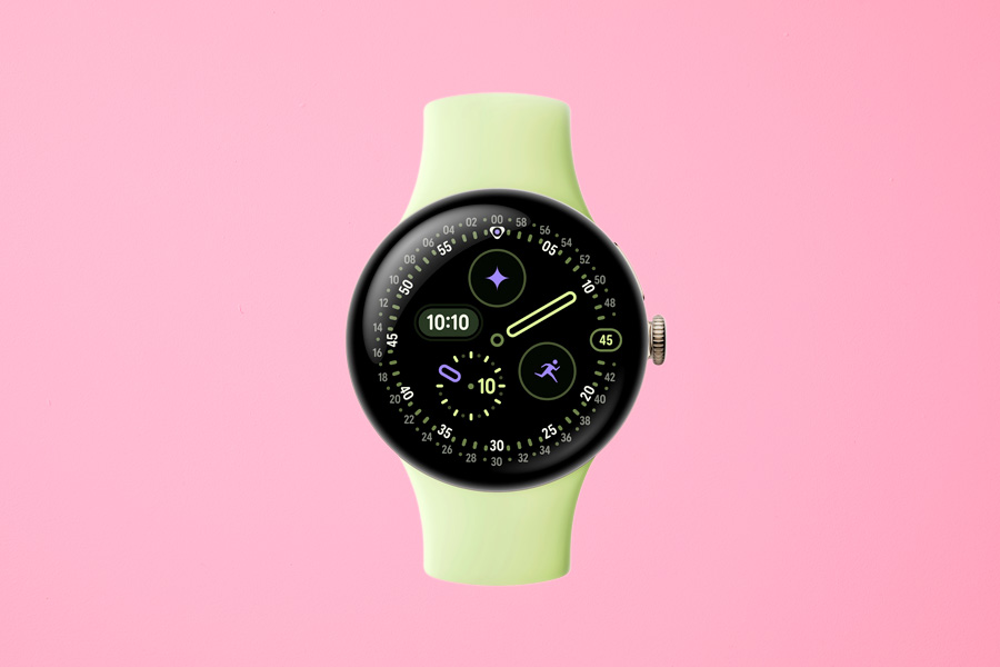 A modern smartwatch with a circular display showing fitness and time widgets, paired with a light green strap, set against a bright pink background.