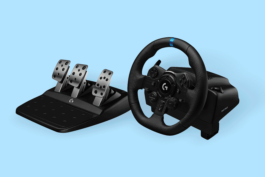 A selection of tech gifts for entertainment lovers, shown on various brightly coloured backgrounds. Products include things like a smart TV and audio sunglasses. 