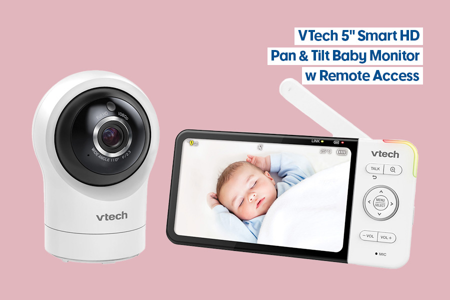 A VTech five-inch baby monitor featuring a rectangular LCD screen with control buttons and a separate rounded white camera unit on a stand, displayed against a pink background.
