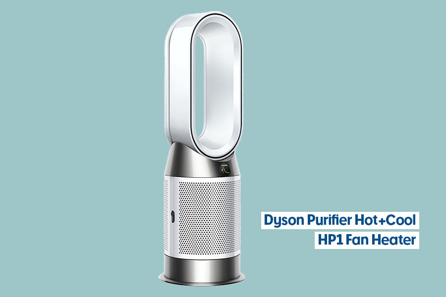 A Dyson Purifier Hot+Cool HP1 fan heater with a modern bladeless oval design in silver and white, featuring a perforated base, displayed against a teal background.
