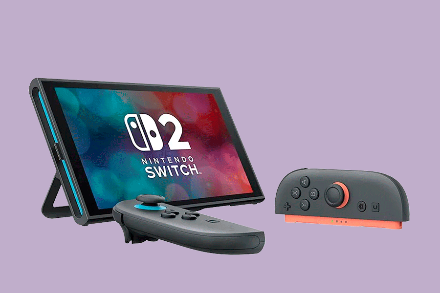 An assortment of products for gaming on the go, shown on various brightly coloured backgrounds. Products include things like a handheld console and wireless headset.