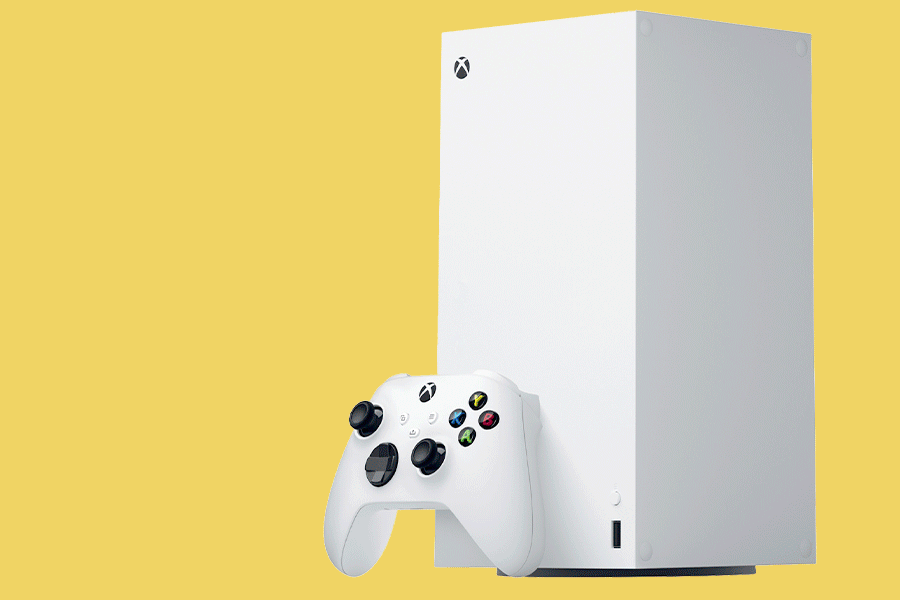 An assortment of products for console gaming, shown on various brightly coloured backgrounds. Products include things like a gaming console and monitor.