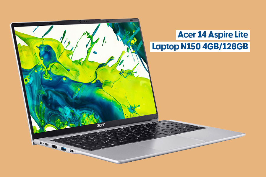 The Acer 14 Aspire Lite Laptop N150 4GB/128GB shown on an orange background. The laptop has light grey casing and a black keyboard. The screen is showing an abstract green and blue artwork.
