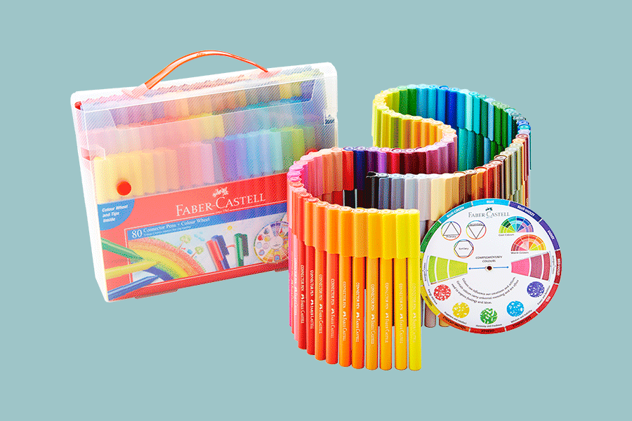 A selection of artistic Christmas gifts for kids, shown on various brightly coloured backgrounds. Products include things like a kids’ easel and coloured markers, a sand art kit and a digital camera.