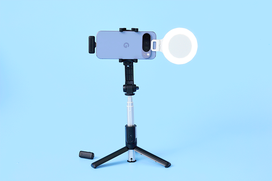 A selection of Christmas gifts for creatives, shown on various brightly coloured backgrounds. Products include a content creator kit, a marker set and a light pad.