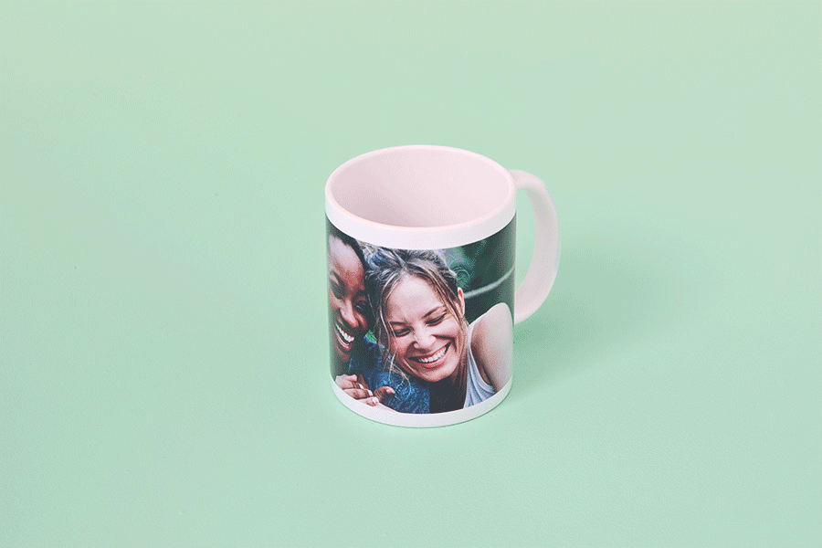 A selection of desk accessories for a Secret Santa Christmas gift idea, shown on various brightly coloured backgrounds. Products include things like a personalised mug and a pen cup.