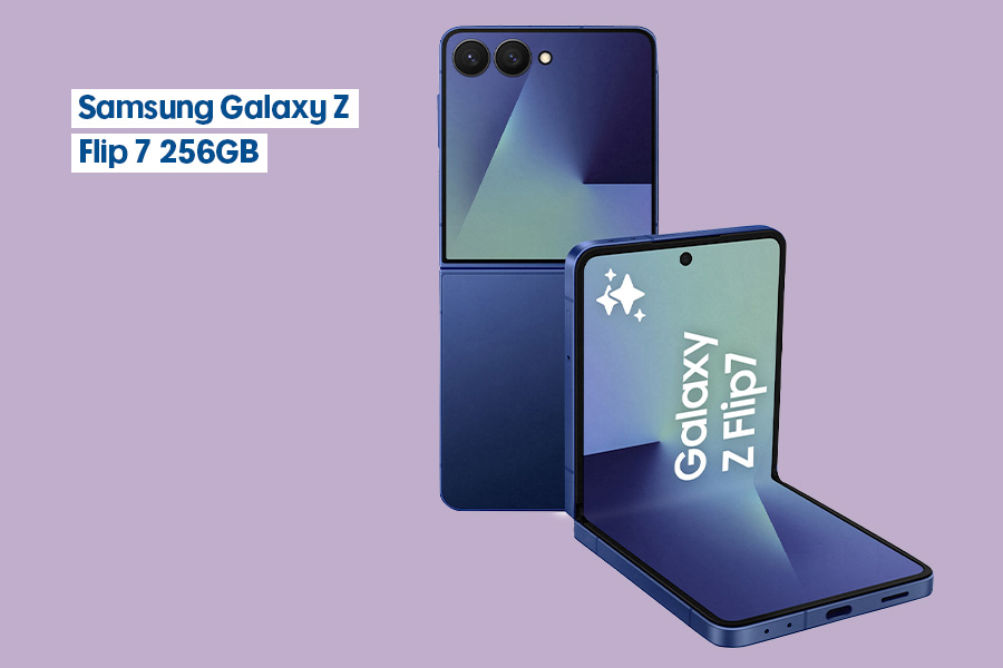 A front and back view of the Samsung Galaxy Z Flip 7 256GB Shadow Blue smartphone, shown on a light purple background.