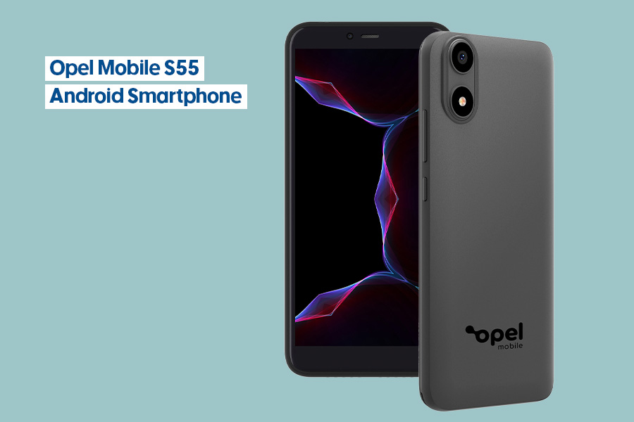 A front and back view of the Opel Mobile S55 Android Smartphone Black, shown on a teal background.