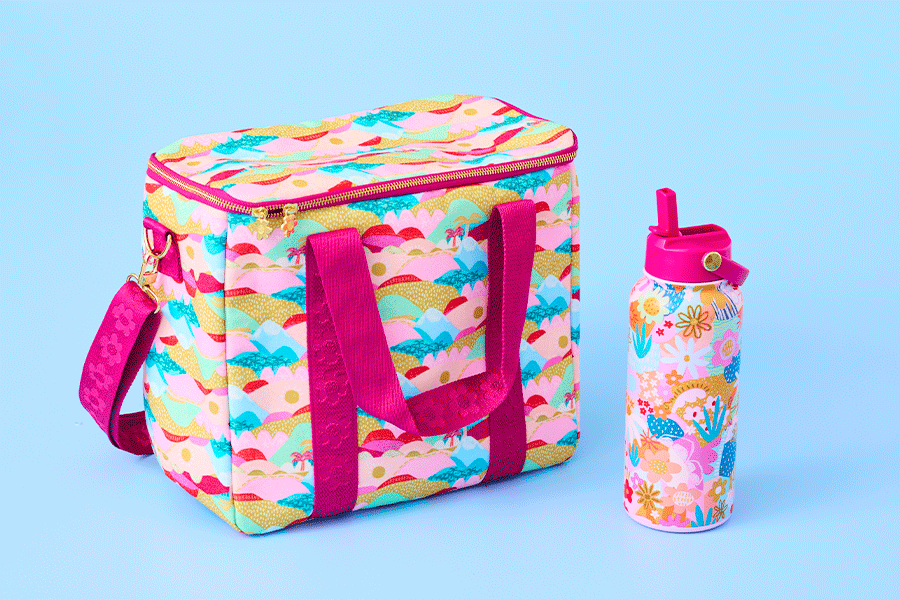 A selection of Christmas gifts for outdoor lovers, shown on various brightly coloured backgrounds. Products include things like drink bottles and insulated lunch bags. 