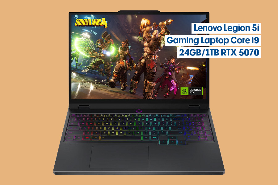 Lenovo Legion 5i gaming laptop, open front-on with an RGB backlit keyboard and shown on an orange background.