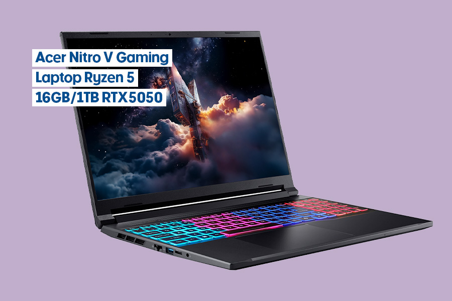 Acer Nitro V gaming laptop, open at an angle with an RGB backlit keyboard, and shown on a light purple background.