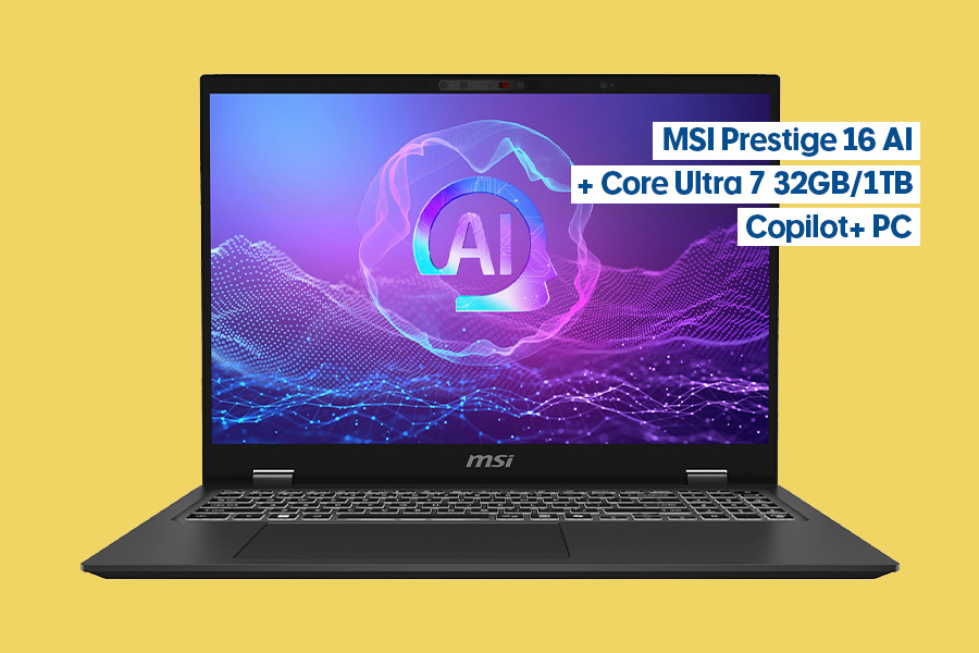 MSI Prestige 16 AI laptop, open facing front with a purple and blue AI graphic on the display, shown on a bright yellow background.