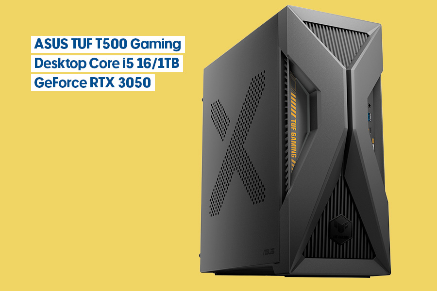 ASUS TUF T500 gaming desktop: angled view of grey case with large perforated X on side and yellow TUF Gaming accent, front panel with geometric vents, shown on a yellow background.