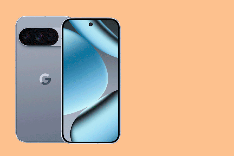 A front and back view of the Google Pixel 10 128GB Indigo, shown on a pink background, and the Google Pixel 10 Pro 128GB Moonstone, shown on an orange background.