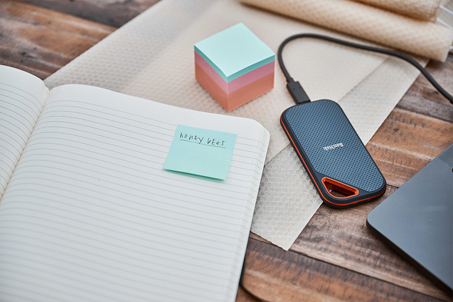 A workspace featuring a notebook with a sticky note labelled ‘honey bees’, an external hard drive, colourful sticky notes and honeycomb packaging sheets on a wooden table.