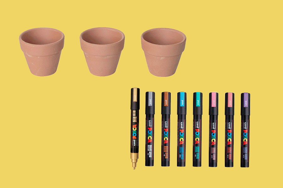 An assortment of gift ideas for teachers, shown on various brightly coloured backgrounds. Products include things like personalised mugs and calendars, and mini terracotta pots with markers for personalisation.