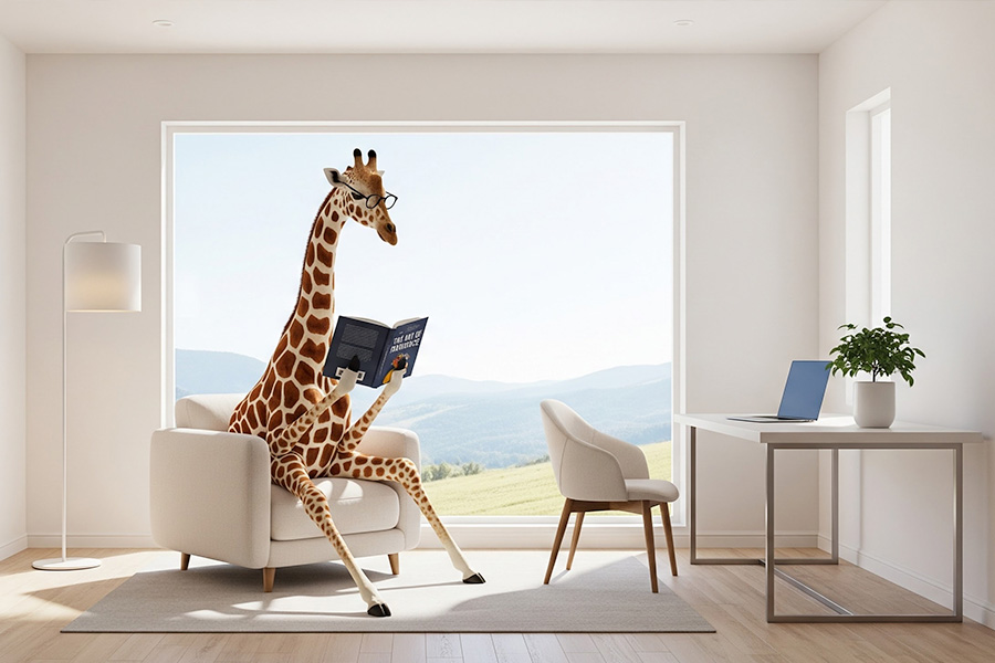 A giraffe wearing glasses sits on a modern armchair reading a book in a bright, minimalist room with a large window overlooking a scenic landscape.