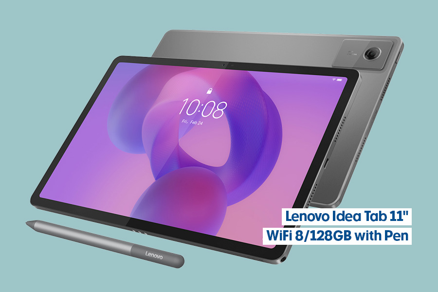 The Lenovo Idea Tab 11-inch Wi‑Fi 8/128GB tablet with pen, shown front-on with a purple screen and grey stylus, with rear casing and camera visible behind, on a teal background.
