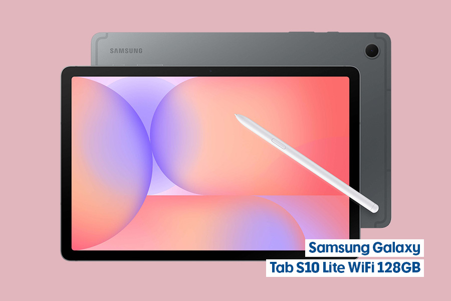 The Samsung Galaxy Tab S10 Lite Wi‑Fi 128GB tablet with white stylus, shown front-on with a pastel screen and dark grey rear casing visible behind, on a pink background.